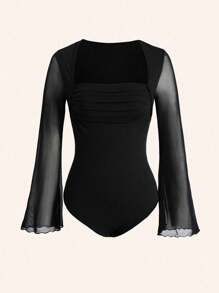 SHEIN Unity Contrast Mesh Ruched Bustier Flare Sleeve Bodysuit Fall Cloth For Women - Black - View 1