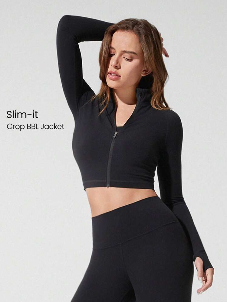 FeatherFit™ Studio Stamina Swea -Wicking Slim Fit Long Sleeve Thumbholes Cropped Zip Active Jacket Low Impact Yoga Pilates Studio Daily Casual Wear