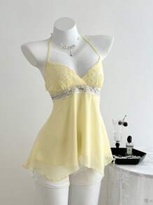 SHEIN Unity Spring & Summer Casual Vacation Beaded Decor Halter Top - Cream - View 4