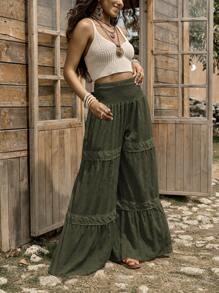 LanaWest Western Rustic Women's High Waist Wide Leg Pants With Textured Fabric & Ruffle Trim Fall Cloth For Women - Army Green - View 6