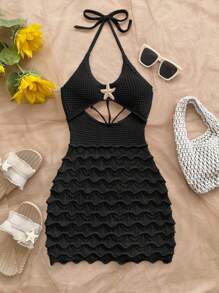 Soleia Sexy Spaghetti Strap V-Neck Hollow-Out Metallic Starfish Fitted Women Sweater Dress, Vacation, Holiday, Date, Afternoon Tea, Music Festival, Boho, Beach Resort, Summer - Black - View 3
