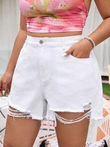 SHEIN EZwear Plus Ripped Raw Hem Denim Shorts - White - View 5
