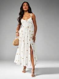 MISSGUIDED Summer Corset Style Midi Dress Embroidered Daisy Print Side Split Cottage Core Wedding Guest Garden Party Floral Sundress