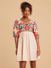 Travachic 夏季女式热带花卉印花褶饰腰迷你连衣裙，度假/休闲 - 彩色 - 查看 6