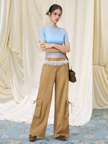 SHEIN MOD Women Mesh Patchwork Pockets Casual Versatile Wide Leg Pants, Lace Ruffle, Solid Color Low Waist Wide Leg Loose Casual Pants, - Khaki - View 7
