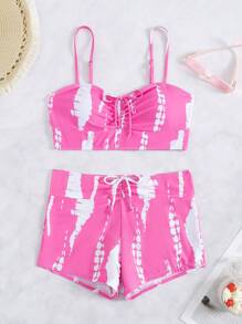 SHEIN 2 件套新款粉色随机印花休闲沙滩比基尼套装，女士夏季泳衣 - 彩色 - 查看 3