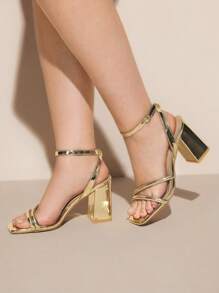 CUCCOO CURVES Plus Size Women Fashion Gold Strap Classic Comfortable Ankle Strap High Heel Sandals For Christmas - Gold - View 1