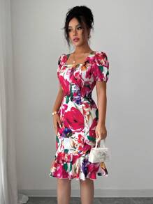 Elenzga Women's Summer Floral Square Neck Puff Sleeve Vacation Dress - Red - View 3