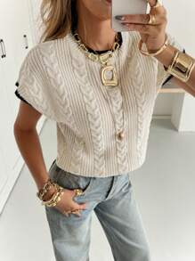 Siren Gaze 女式拼色针织休闲宽松短袖麻花针织上衣，适合秋季单穿，冬季圆领简约时尚休闲日常上衣，适合通勤、返校、秋季 - 杏色 - 查看 1