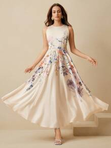 Anewsta 优雅花卉印花无袖连衣裙，夏季 - 杏色 - 查看 3