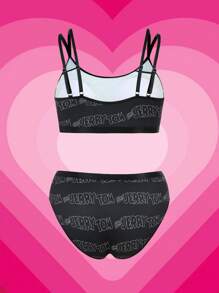 TOM & JERRY X SHEIN Plus Size Black Letter & Cartoon Pattern Camisole Bra Set And Panty Underwear Set,Soft & Comfortable,Cute,Sweet