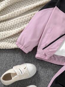 女童拼色拉链连帽夹克和裤子运动服套装 - 彩色 - 查看 6