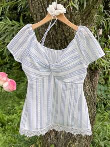 DAZY Áo thun tay ngắn cổ chữ V họa tiết kẻ sọc và lưới ren đục lỗ cho nữ, thanh lịch, mùa hè, áo babydoll - Màu xanh bạc hà - Xem 5