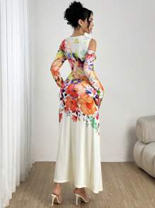 Modelyn Digital Print Off Shoulder Bodycon Twist Front Long Sleeve Dress For Women Fall Cloth For Women