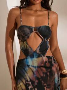 Opulessa 女士时尚镂空全印花细肩带连衣裙，夏季，女士夏季连衣裙，度假风格，度假，女士沙滩装，性感，动物印花长裙，夏季度假婚礼宾客 - 棕色 - 查看 2