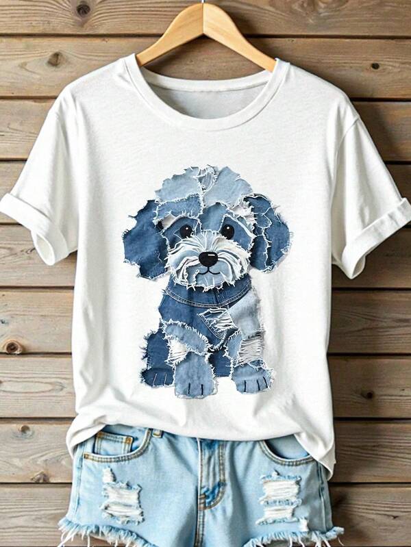 Vintage Denim Patchwork Puppy Graphic Printed T-Shirt, Women's Casual Round Neck Short Sleeve Minimalist Tee, Suitable For Outdoor Wear