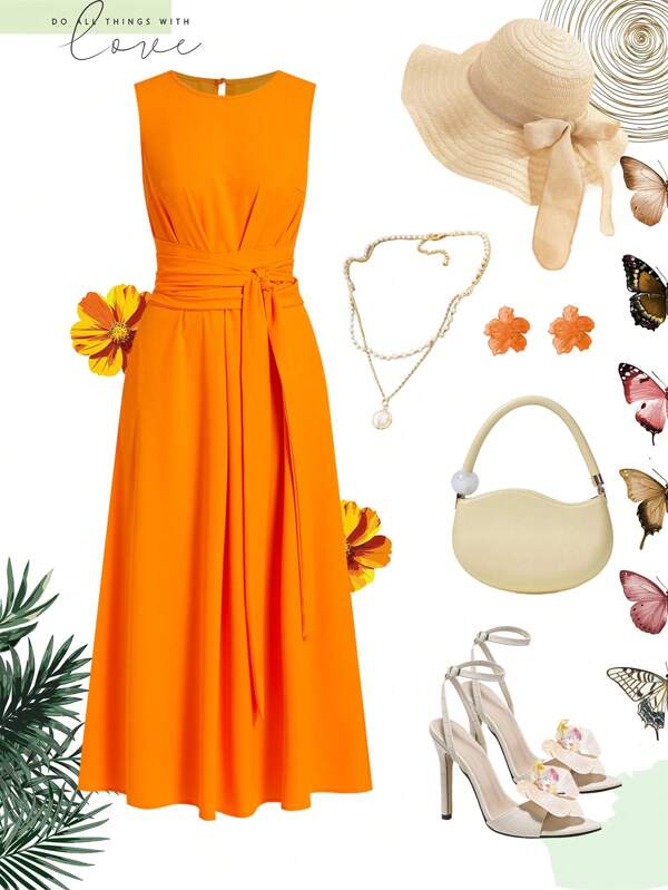 Ellevyn Women Elegant Cinched Waist Sleeveless Bright Orange Dress, Casual For Commute & Holiday Teacher Outfits For Women  Beach Outfits For Woman Country Outfits Women  Teacher Outfits For Women Country Outfits Women School Clothes