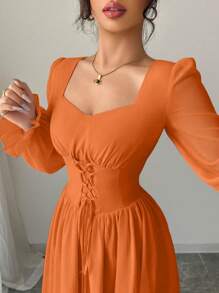 Modelyn 女式高端法式纯色蝴蝶领荷叶边袖收腰长裙春秋 - 橘色 - 查看 5