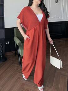 Dazy Plus 加大码褶皱宽松拼布长款连体裤，返校服