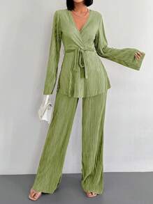 EURMUSE 2pcs/Set Women Solid Color Front Tie Long Sleeve Top And Pants Casual Outfit