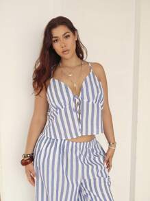 Dripcurv Conjunto de 2 piezas de top halter estampado con rayas y pantalones largos para mujer de talla grande, adecuado para uso diario y vacaciones - Azul - Ver 6