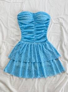 Soleia Damen romantisches Spitzen-Trägerkleid mit Rüschen, kurzes Kleid in Blau für Strand, Sommer und Urlaub