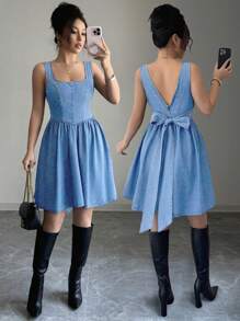 Elenzga Robe en jean décontractée sans manches pour femme - Jean clair - Voir 1