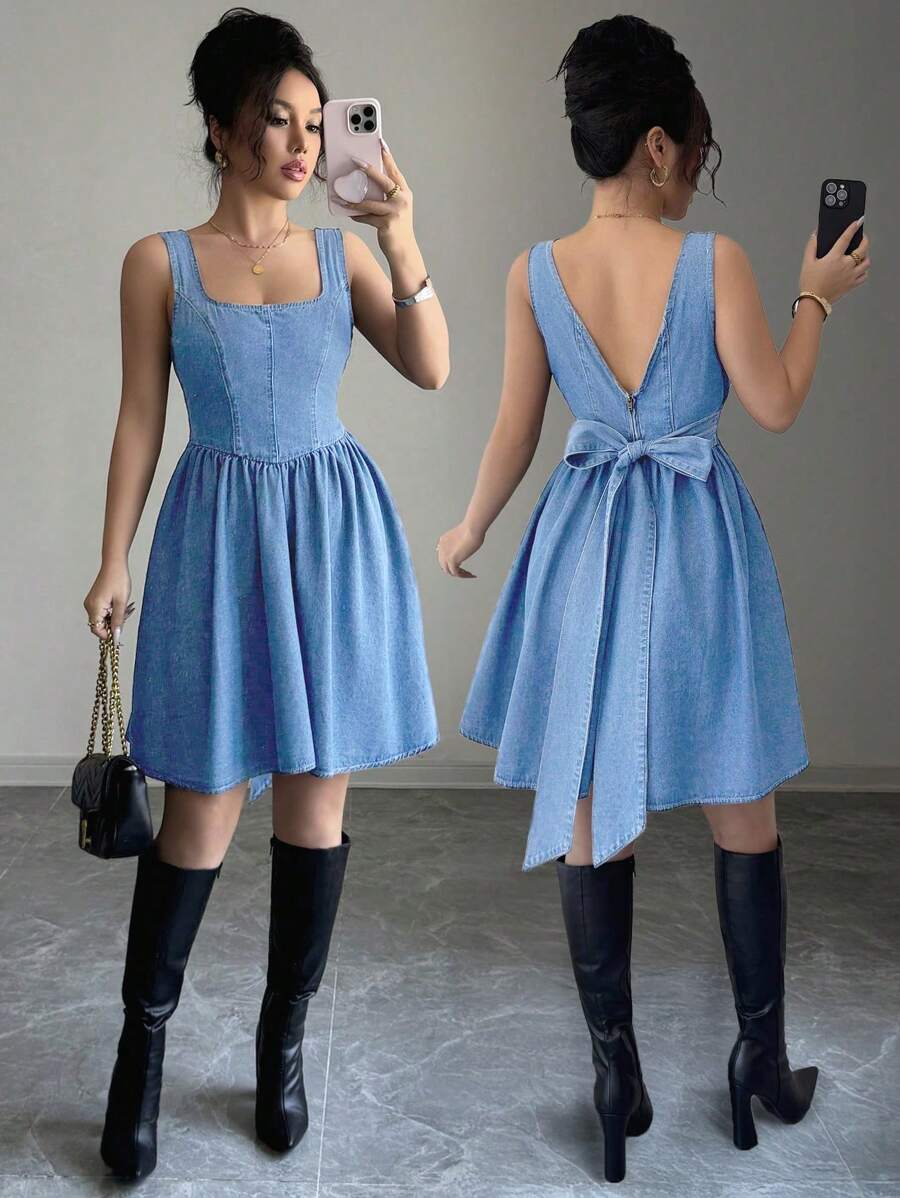 Elenzga Robe en jean décontractée sans manches pour femme - Jean clair - Voir 1