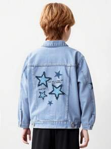 青少年男童休闲时尚简约做旧水洗牛仔夹克男童印花裤儿童男童服装青少年男童服装 - 藍色 - 查看 4