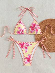 Swim Mod Set Bikini Seksi Wanita Terbaru dengan Motif Bunga, Atasan Model Halter Neck Tanpa Punggung dan Celana Pendek Renang dengan Tali Samping, Cocok untuk Liburan Pantai Musim Panas - MultiWarna - View 2
