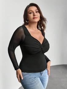 SHEIN Privé Camiseta girante delantero de malla en contraste - Negro - Ver 5