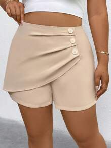 SHEIN Clasi Große Größen Shorts mit hoher Taille, Kreuzriemen, Falten und Knopfdetails, geeignet für Pendler, Lässig und Alltagstragen - Aprikosenfarben - Übersicht 3