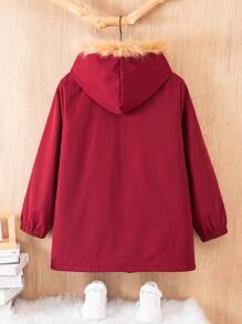 青少年男孩圣诞休闲连帽毛绒内衬外套，带大口袋 - 紅色 - 查看 2