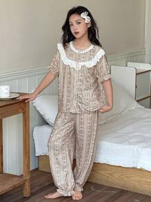 DAZY Girls Summer Casual Homewear Set, Round Neck Short Sleeve Top & Long Pants, Tween Girl Fall Clothes - Khaki - View 3