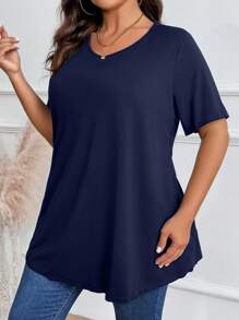 EMERY ROSE Plus Size Plain Short Sleeve T-Shirt, Casual And Versatile, Summer - Navy Blue - View 5