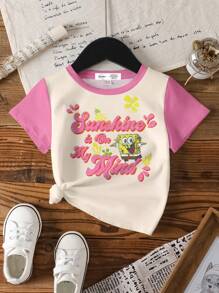 SpongeBob SquarePants | SHEIN T-shirt à manches courtes à col rond avec graphique de lettres et de dessins animés blocs de couleurs pour jeune fille