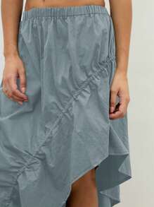 COUREZ 不对称褶皱长裙 / 女士夏季穿搭 Y2K 夏季下装 夏季外出穿搭 100%纯棉 - 藍色 - 查看 9