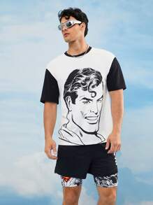 SUPERMAN X SHEIN 男士休闲拼色动漫超级英雄印花短袖 T 恤，夏季