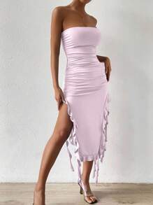 Zolique Solid Color Pleated Ruffle Trim Sleeveless Bodycon Dress For Summer, Pink Corset Dress, Split Dress, Ruched Dress, Dress With Slit - Mauve Purple - View 3
