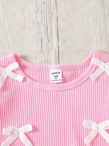 SHEIN 2pcs Young Girl Casual Set: Round Neck Lace Trim Sleeve Top And Denim Shorts - Pink - View 6