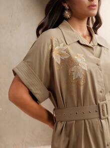Anewsta Đầm sơ mi thêu hoa thắt eo thanh lịch cho nữ, thích hợp cho lễ hội xuân hè và tốt nghiệp - Màu Khaki - Xem 2