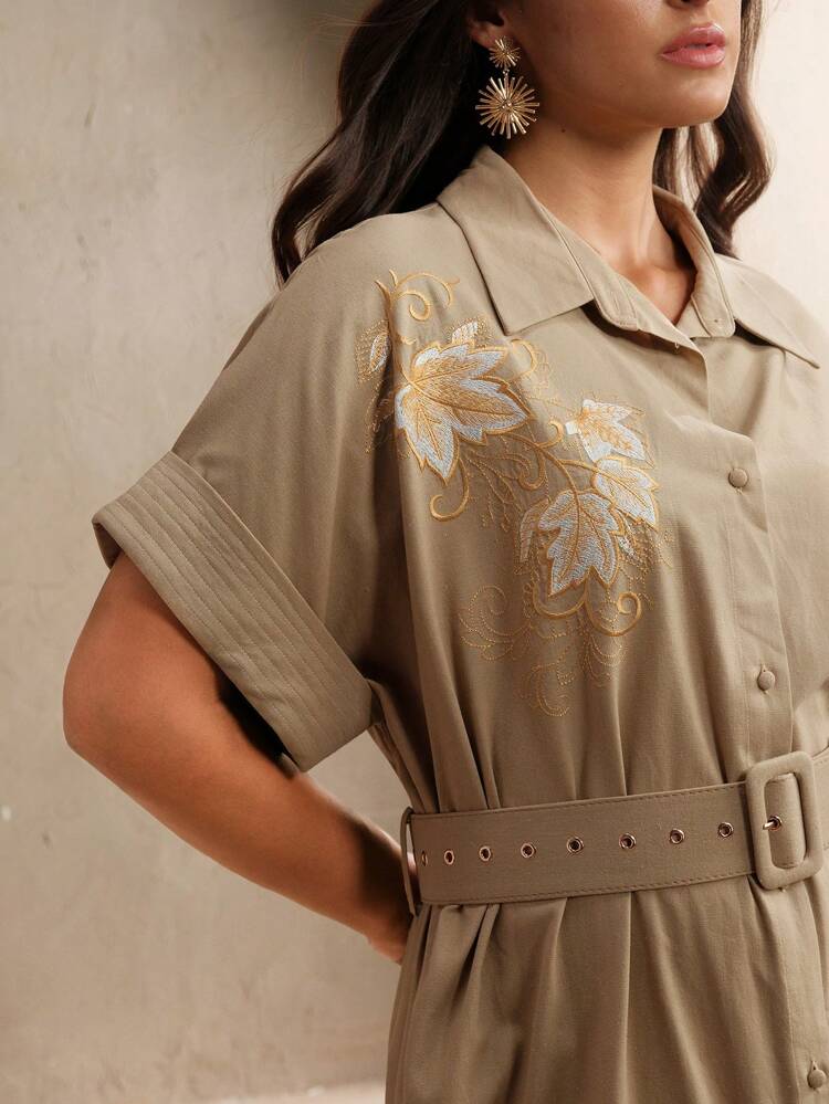 Women's Floral Embroidery Cinched Waist Waist Elegant Shirt Dress, Suitable For Spring Summer Festival And Graduation