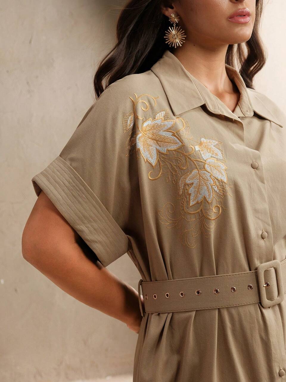 Women's Floral Embroidery Cinched Waist Waist Elegant Shirt Dress, Suitable For Spring Summer Festival And Graduation