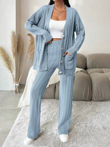 EURMUSE Ladies' Solid Color Button Front Cardigan And Wide Leg Pants Knitwear Set - Dusty Blue - View 4