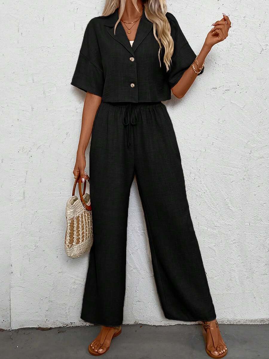 SHEIN PETITE 2pcs Women Vacation Casual Shirt & Pants Set - Black - View 1