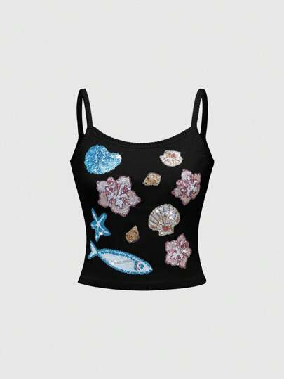 ROMWE Avant Camiseta de tirantes hecha a mano con cuentas de mujer con diseño de hibisco y criaturas submarinas, perfecta para vacaciones en la playa