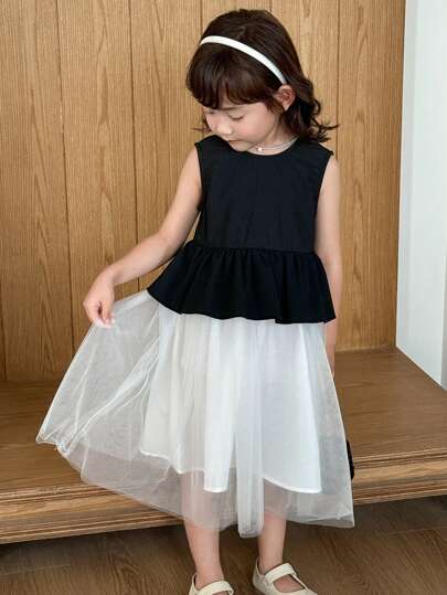 SHEIN Young Girls Korean Style Patchwork Black & White Mesh Sleeveless Dress