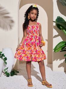 SHEIN 女童热带植物印花交叉背蝴蝶结装饰腰部梭织连衣裙 - 玫紅色 - 查看 2