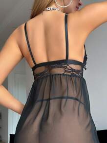 SHEIN 2件套性感蕾丝和网眼睡袍套装 - 黑色 - 查看 2