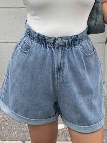 Dazy Plus Elastic Waist Loose Wide Leg Fringed Hem Washed Blue Denim Shorts, Summer